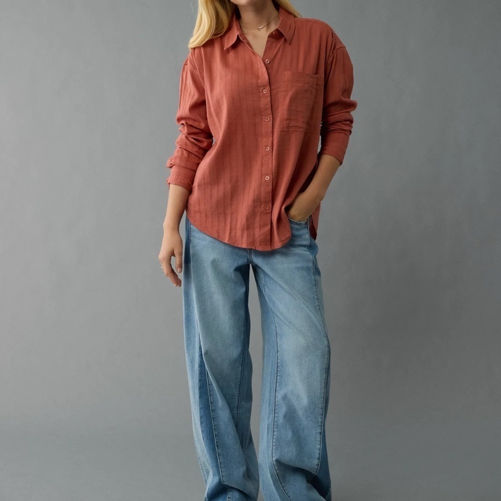 AE American Eagle Women’s Perfect Button-Up Shirt Rust Size S New